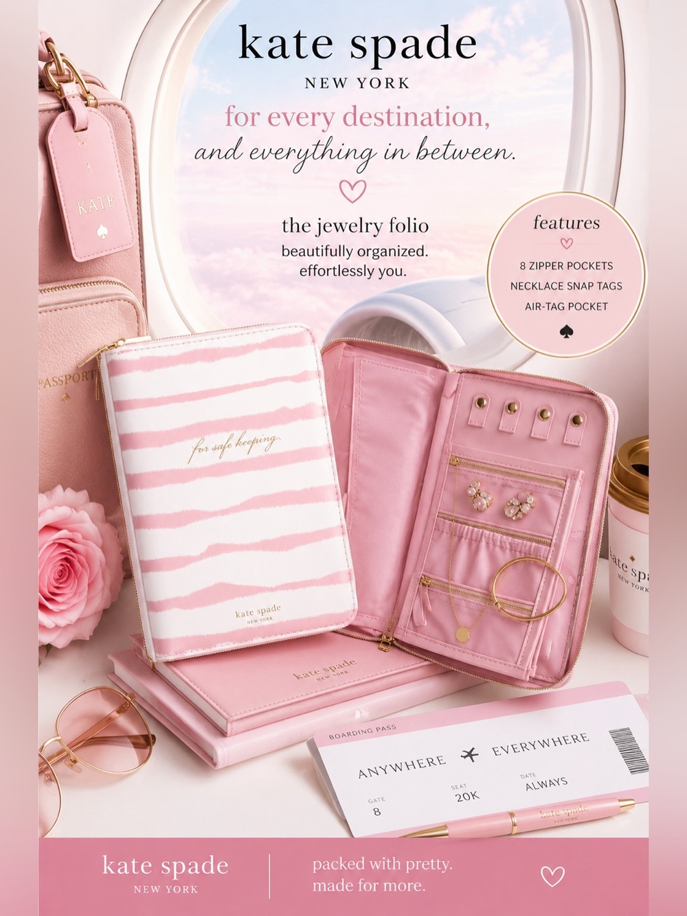 kate spade Pink Jewelry Folio with Gold Accents